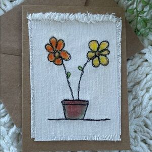 Handcrafted Floral Greeting Card Hand Painted Free Motion Stitched Pink Purple